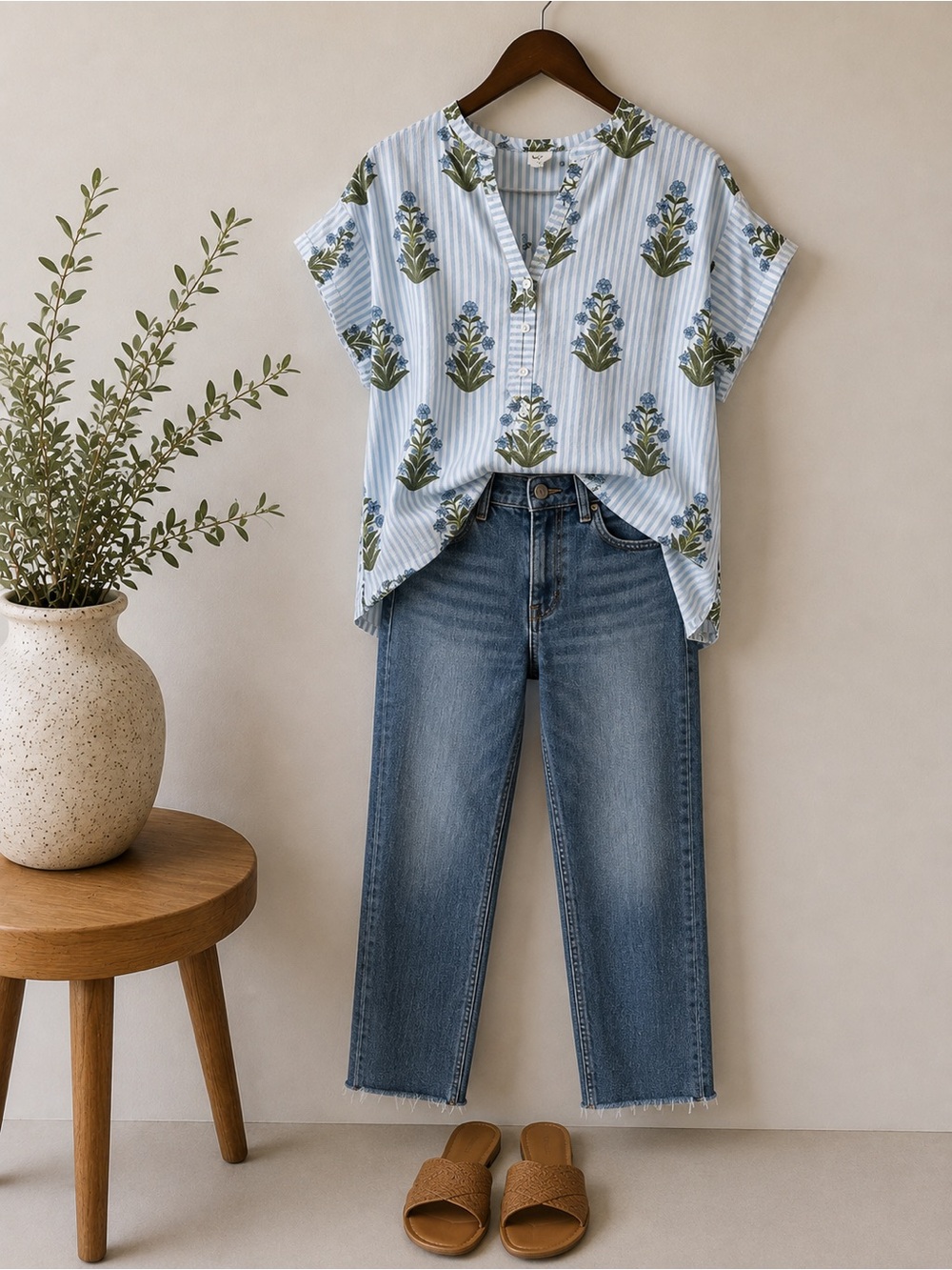 Ivy Jane | Blue Stripe Floral Button Front Blouse | Small